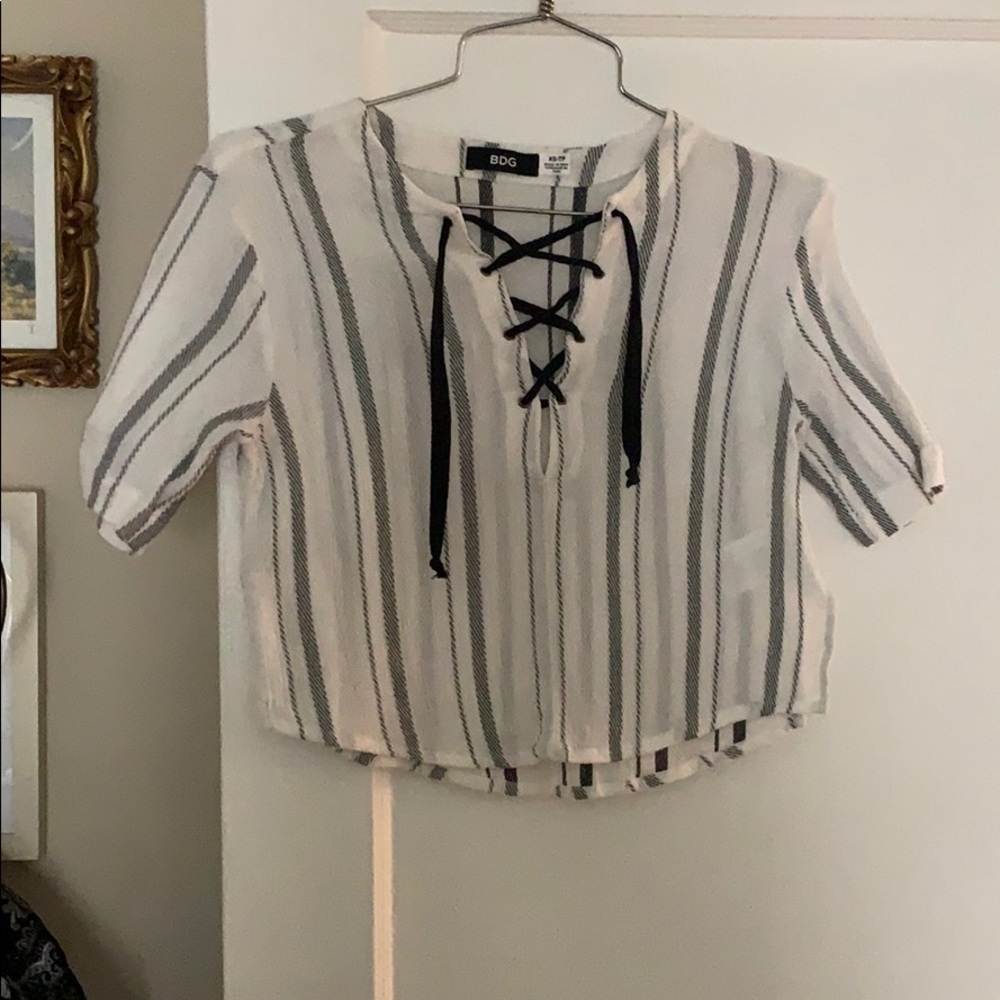 BDG summer striped cotton linen crop top with tie